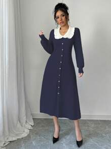 SHEIN Unity 女式时尚花卉蕾丝撞色中长款紧身泡泡袖针织毛衣连衣裙 - 藏蓝色 - 查看 4
