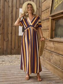 LanaWest Casual Vacation Colorful Striped Batwing Sleeve Loose Dress