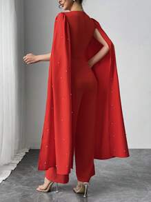 SHEIN Clasi Mono elegante para fiesta de mujer con capa decorada con cuentas - Rojo - Ver 2