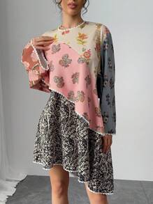 Chiquease Women's Contrast Color Block Printed Bell Sleeve Short Dress