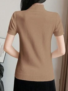 EMERY ROSE Áo thun cổ bẻ tay ngắn ôm vừa vặn, thời trang tối giản, mặc thường ngày - Màu Khaki - Xem 2