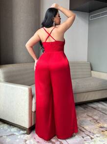 Flirla Plus Size Solid Color Minimalist Fashion Casual Everyday Jumpsuit - Red - View 6
