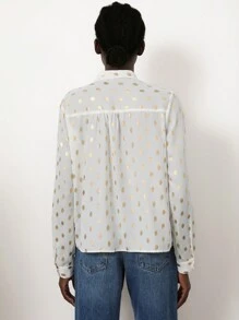Aveloria Modichic Intellectual Chic Commuter Elegant Small Stand Collar V-Neck Front Pleated Gold Foil Dotted Sheer Chiffon Long Sleeve Blouse