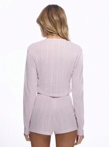 MISSGUIDED Ensemble deux pièces de Top court à manches longues en tricot ajouré et short taille haute. Coordonné côtelé douillet pour la détente en hiver. Tenue de détente et de nuit - Prune - Voir 2