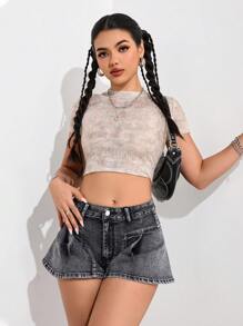 SHEIN EZwear 女士休闲洗水做旧牛仔短裤 - 灰色 - 查看 1