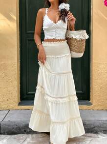 Breezaya Falda plisada con parche de encaje floral y lazo a la cintura en unicolor, estilo romántico vacacional para mujer