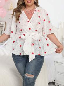 Flirla Plus Size Valentine's Day Heart Embroidery Cut-Out Blouse - White - View 7