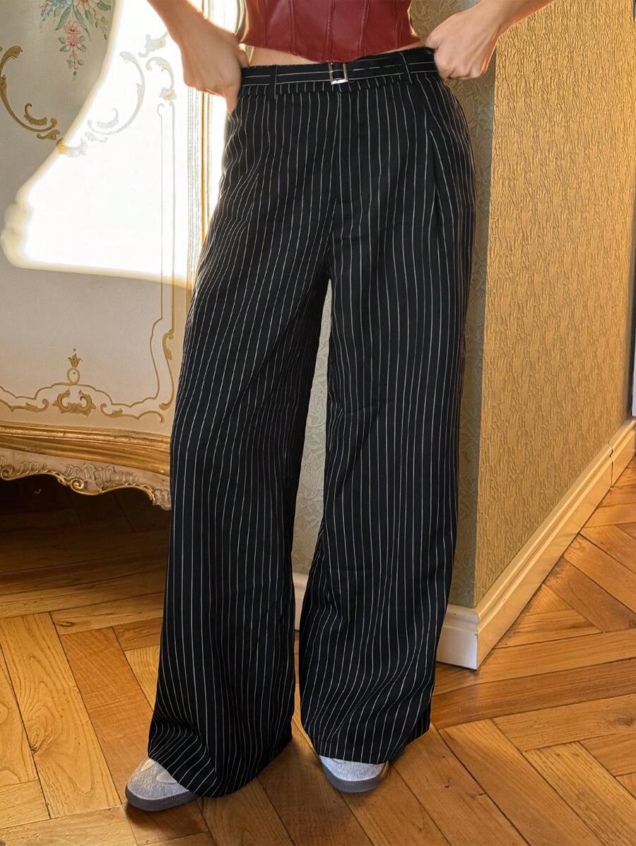 SHEIN EZwear 黑白编织女士休闲西装裤,简约时尚,适合日常穿着 - 黑與白 - 查看 1