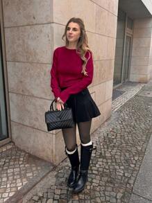 Pariaura Women's Burgundy Knit Sweater With Black Bow Detail, Long Sleeve Open Back Pullover Top