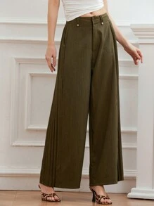SHEIN Unity Flattered Pleated Design Straight-Leg Loose Wide-Leg Pants, Slimming & Commute-Friendly, Green Floral Chiffon Maxi Length Trousers - Army Green - View 1