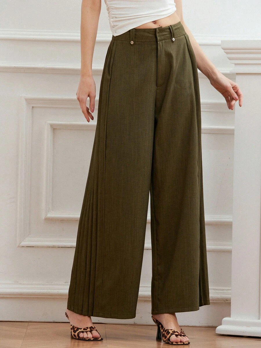 SHEIN Unity Flattered Pleated Design Straight-Leg Loose Wide-Leg Pants, Slimming & Commute-Friendly, Green Floral Chiffon Maxi Length Trousers - Army Green - View 1