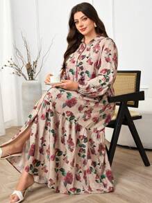 Al Najma Plus Size Elegant Commuter Floral All-Over Print Button Front Shirt Dress - Multicolor - View 1