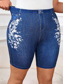 SHEIN Clasi Plus Size Summer Fashionable Simple Fitted Denim Effect Shorts