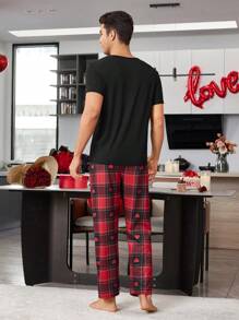 CoupledUp Letter, Lip Print Short Sleeve Top And Heart Plaid Print Pants Couple Casual Loungewear Set For Men - Black - View 2