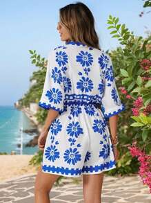 SHEIN VCAY Mono informal de mujer con cuello y manga corta con estampado, corte holgado para vacaciones y resort