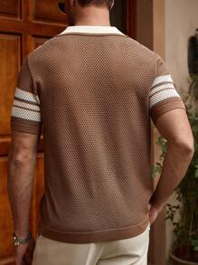 Manfinity CityGents Suéter informal de punto de manga corta con botones delanteros y rayas para hombre