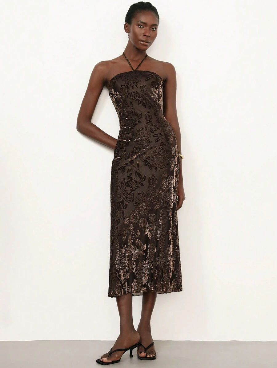 SHEIN Privé Women's Vintage Flocking Jacquard Textured Fabric Stand Collar Halter Bodycon Dress - Chocolate Brown - View 1