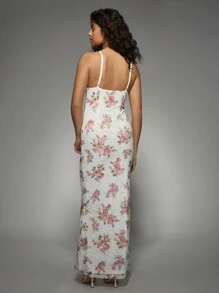 MISSGUIDED Floral Lace Trim Bodycon Maxi Dress With V-Neck And Spaghetti Straps Perfect For Wedding Guest Spring Summer Evening Party Formal Events