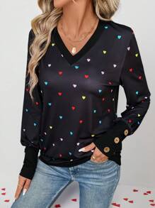 SHEIN LUNE 情人节女士黑色长袖V领T恤，心形印花 - 黑色 - 查看 2