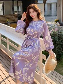 DAZY 女士全花卉印花中式领中长连衣裙，秋季连衣裙 - 紫色 - 查看 1