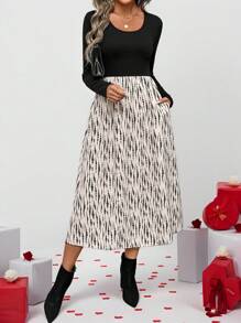 SHEIN LUNE 情人节女士紧身长袖T恤拼布印花不对称下摆中长连衣裙秋冬 - 彩色 - 查看 3