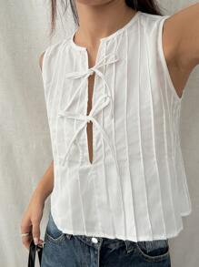SHEIN Unity Pleated V-Neck Bowknot Camisole, Casual Commuter Vacation Wear, Spring/Summer - White - View 6