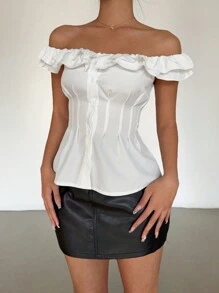 Chiquease Women's Off-Shoulder Ruffle Waist Casual Blouse - White - View 4