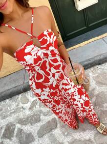 Calvaya Elegante romantische jurk met grote bloemenprint en ruches in één kleur en gekruiste bandjes voor dames, lente/zomer