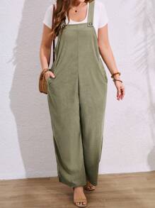 女式休闲编织罗纹纯色口袋大码无袖连体裤，夏季 - 軍綠色 - 查看 6