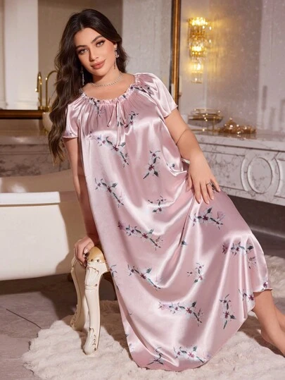 SHEIN MuseNap CURVE Plus Size Floral Print Lace-Up Long Faux Silk Dress, Moo Moo Sleep Dress