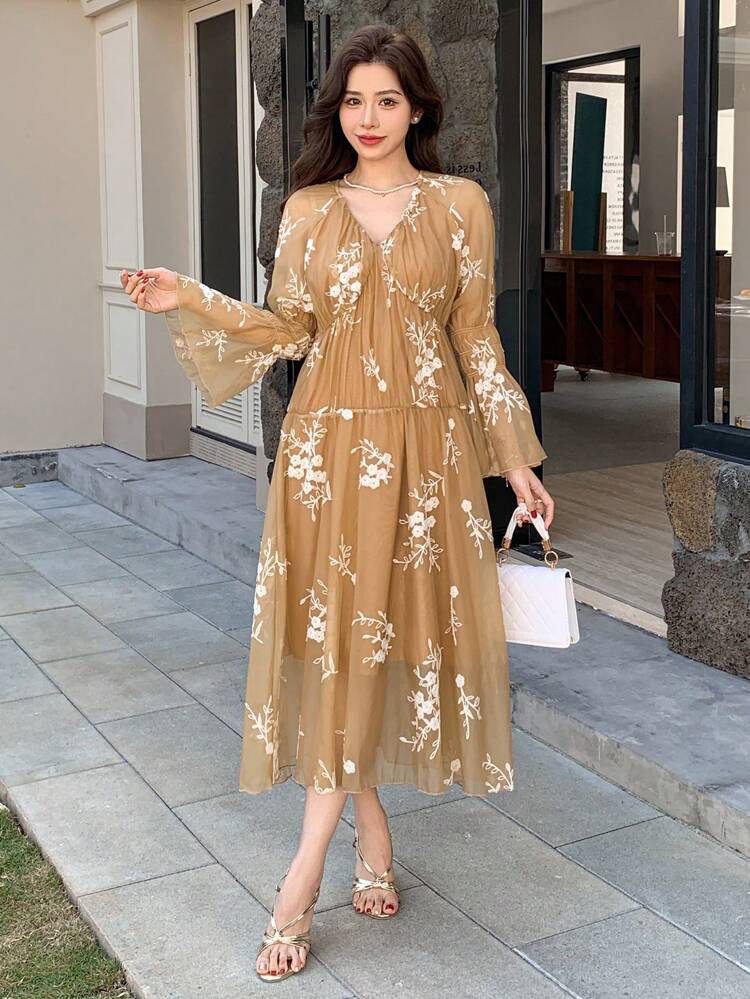 V-Neck Puff Sleeve Midi Floral Print Dress For Women,Ruffle,Fall Dress Long Sleeve Dress Easter Boho
