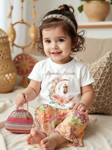 SHEIN Leap Crew Baby Girl Casual Elegant Ramadan Moon & Flower Pattern Short Sleeve Round Neck T-Shirt And Flare Pants Suit, Suitable For Spring/Summer - Multicolor - View 5