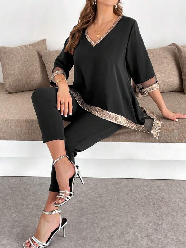 SHEIN Clasi Set 2 piese Plus Size Top Maneca Scurta Si Pantaloni Patchwork Piei de Sarpe Print Moda Femei Elegante Set Doua Piese, Carnaval, Femei Set Doua Piese, Set Vara Doua Piese, Tinute Femei Primavara, Tinute Vara Femei, Elegante, Rochie Eleganta Invitat Nunta, Tinute, Modeste, Tinute Femei Vacanta