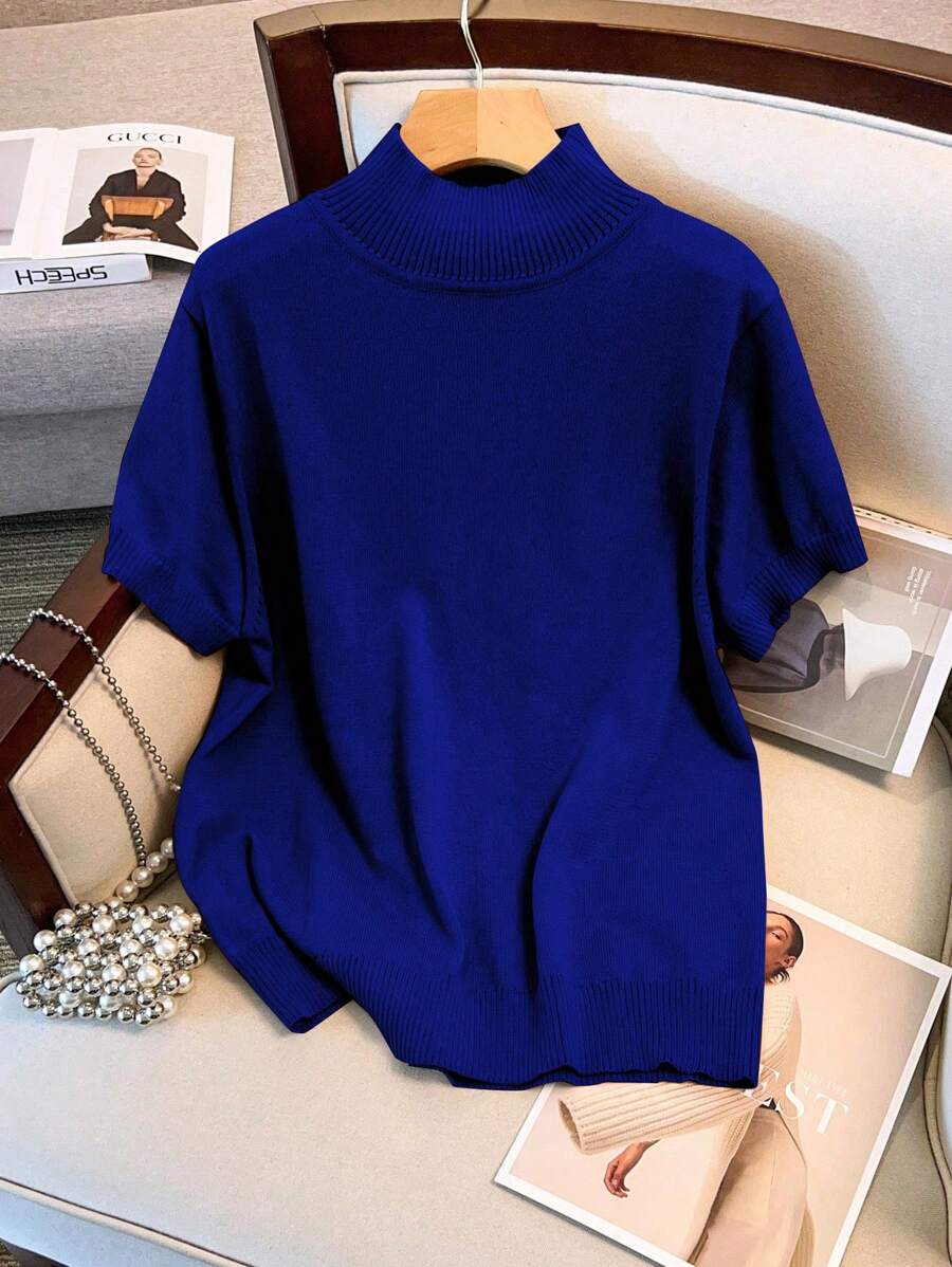 SHEIN LUNE 大码休闲简约纯色立领短袖针织衬衫 - 藍色 - 查看 1