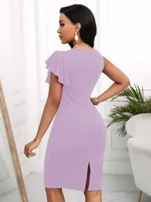 Lunelith SHEIN Lunessa Damen einfarbiges Bodycon-Kleid mit gerüschtem Saum, burgunderfarbenes Damen Outfit - Violett - Übersicht 2