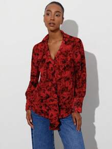 Aveloria Modichic Damen Langarm Rüschen V-Ausschnitt Vintage Muster Bluse - Verschiedenfarbig - Übersicht 3