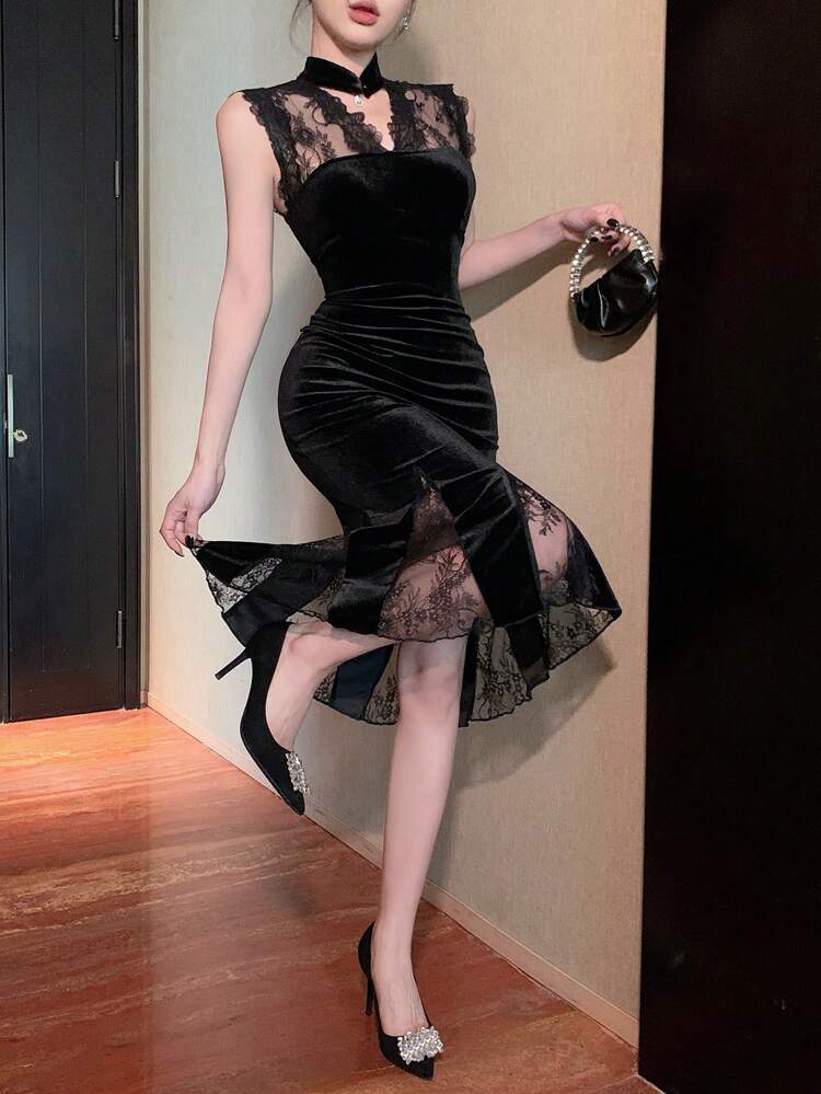 Women's Mid-Long Lace Patchwork Stand Collar Sleeveless Fish Tail Dress Prom Dress Elegant Sundress,Formal Women Dresses New Year Eve Dress Valentine's Day