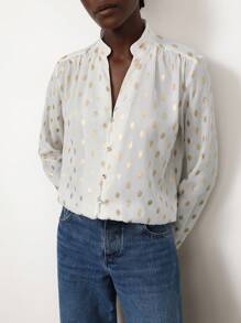 Aveloria Modichic Intellectual Chic Commuter Elegant Small Stand Collar V-Neck Front Pleated Gold Foil Dotted Sheer Chiffon Long Sleeve Blouse