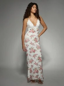 MISSGUIDED Floral Lace Trim Bodycon Maxi Dress With V-Neck And Spaghetti Straps Perfect For Wedding Guest Spring Summer Evening Party Formal Events