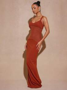 Hauture Elegant Black Sheer Mesh Long Dress With Fitted Bodice - Rust Brown - View 4