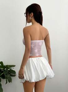 Lyxana 针织对比网眼面料 3D 玫瑰装饰褶饰吊带背心 - 粉色 - 查看 2