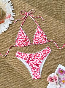 Swim Mod Springbreak New 3 Pcs Sexy Swimwear Set, Ditsy Floral Deep V Rib Gathered High Waist Bikini For Summer Beach Vacation - Red - View 7
