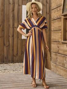 LanaWest Casual Vacation Colorful Striped Batwing Sleeve Loose Dress
