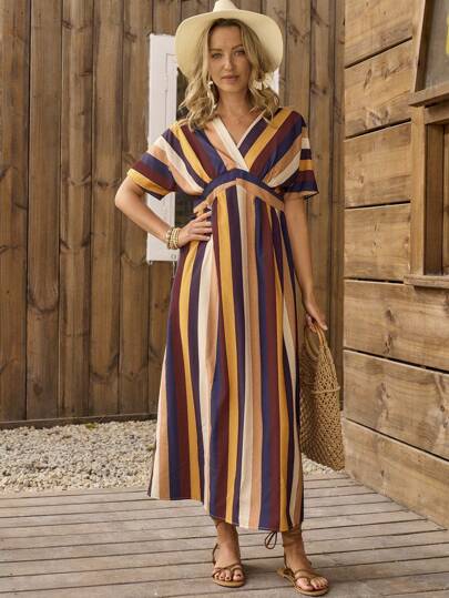 LanaWest Casual Vacation Colorful Striped Batwing Sleeve Loose Dress