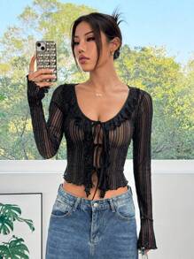 SHEIN EZwear Blusa de mujer con malla brillante y cordones delanteros