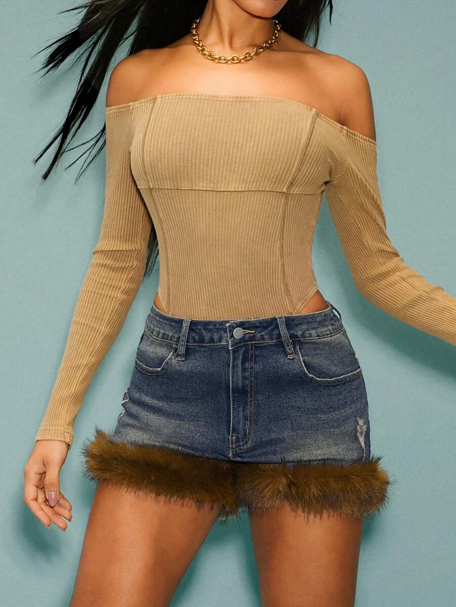 Denimoi Quần Short Denim Mini Sexy Có Viền Lông Mịn - Rửa trung bình - Xem 1
