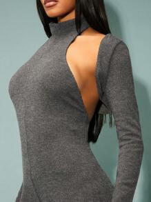 Denimoi Two Pieces Marled Knit Bodycon Bodysuit - Dark Grey - View 5