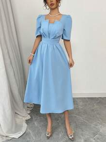 Rafferiza Blue Minimalist Waist Cinching Mid-Length Dress