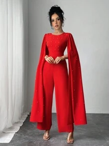 SHEIN Clasi Mono elegante para fiesta de mujer con capa decorada con cuentas - Rojo - Ver 4