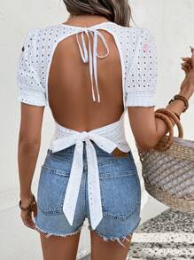 SHEIN LUNE 情人节度假心形刺绣泡泡袖系带衬衫